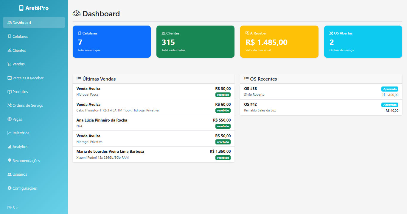 Dashboard do sistema AretêPro mostrando controle de estoque e vendas de celulares