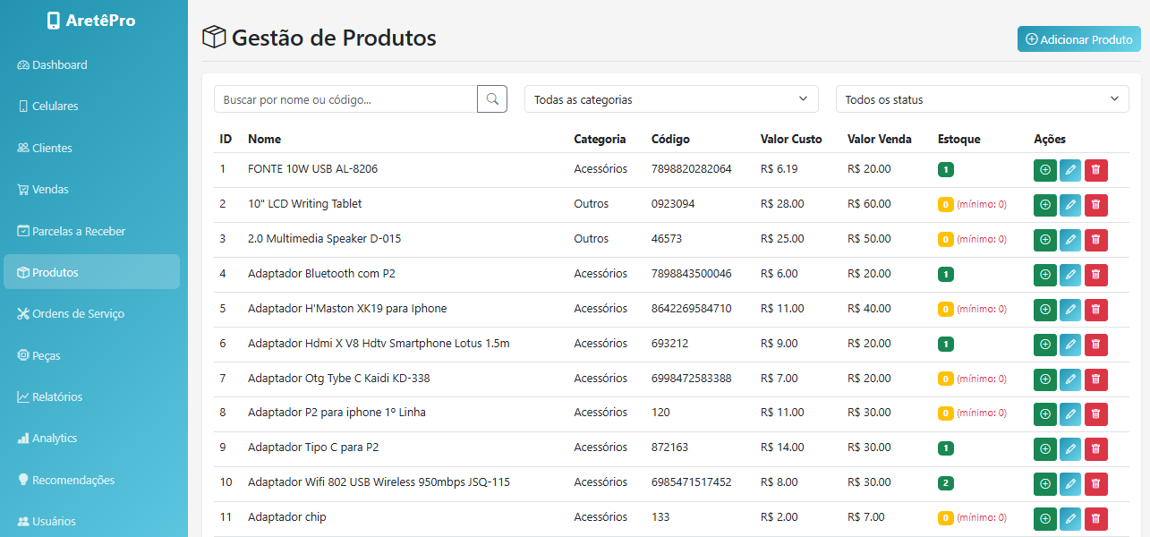 Tela de cadastro de produtos