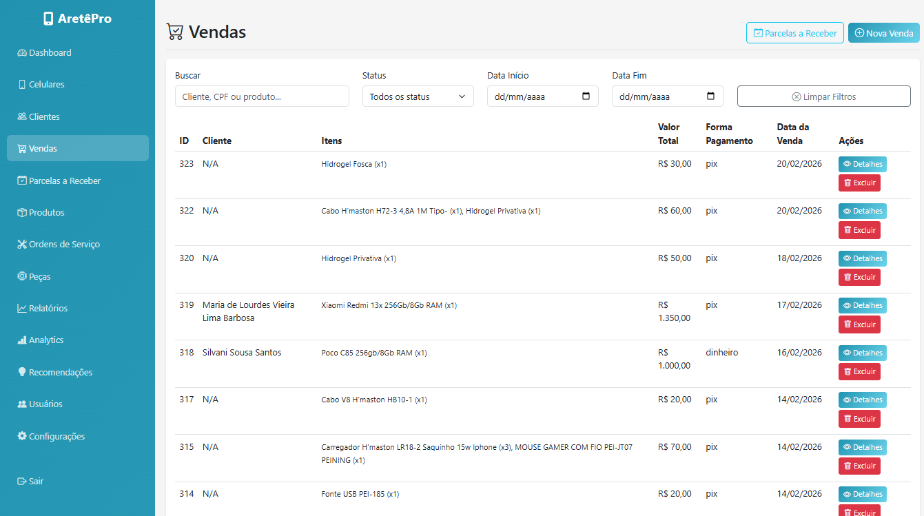 Tela de controle de vendas e contas a receber para loja de celulares